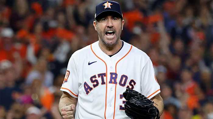 Oct 19, 2022; Houston, Texas, USA; Houston Astros starting pitcher Justin Verlander (35) reacts after striking out Houston Astros second baseman Jose Altuve (not pictured) to end the sixth inning in game one of the ALCS for the 2022 MLB Playoffs at Minute Maid Park.